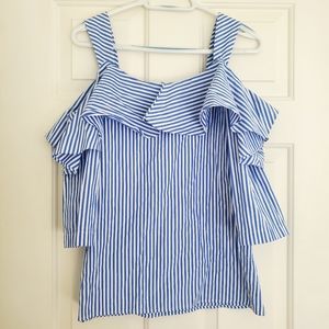 EUC Preppy Nautical Blue Navy White Striped Off Shoulder Blouse, S